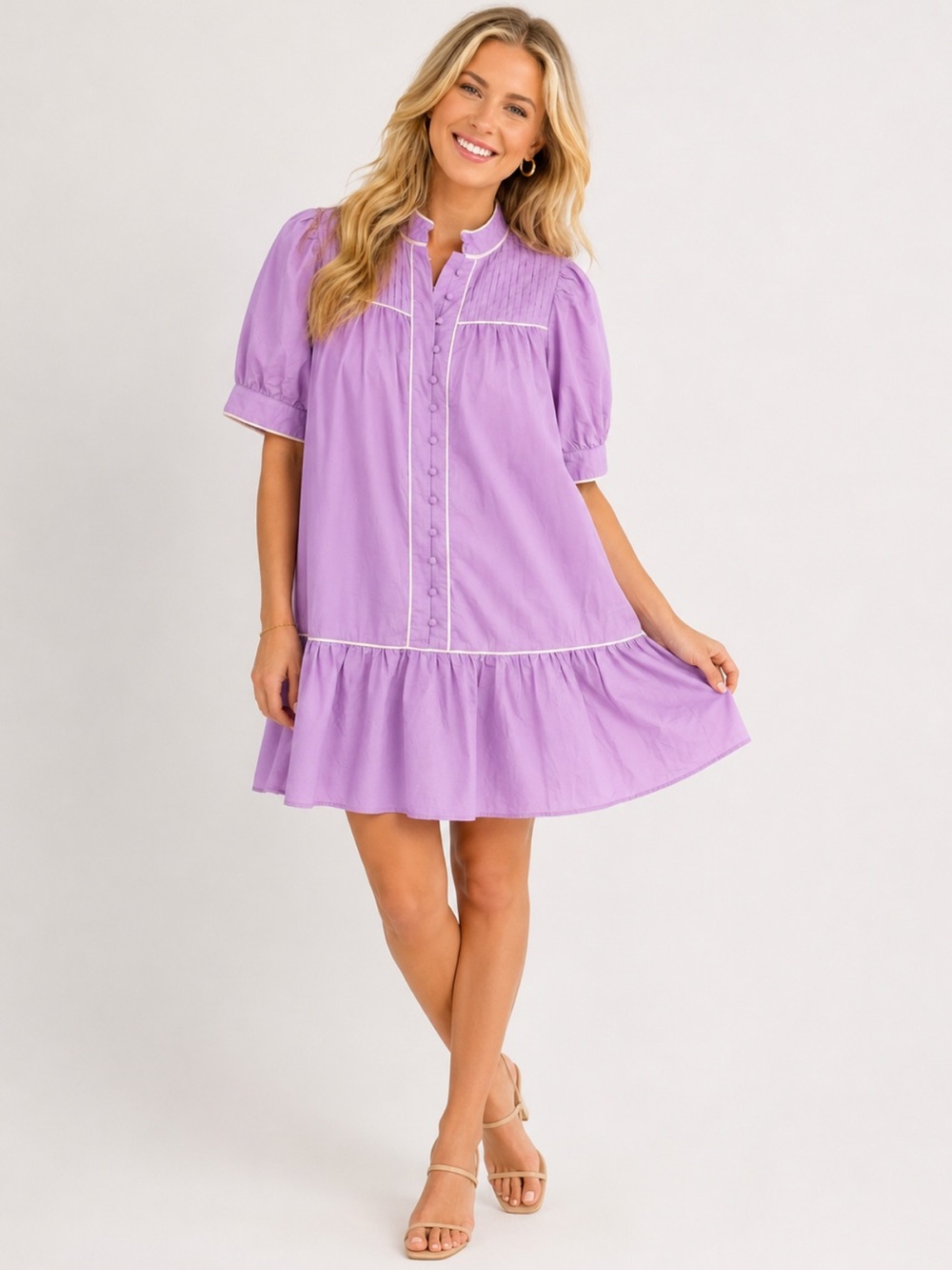 TCEC Lavender Puff-Sleeve Button-Front Babydoll Dress